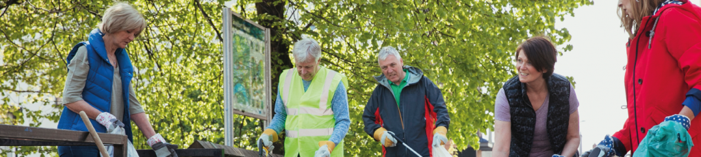 five people litter picking in a park